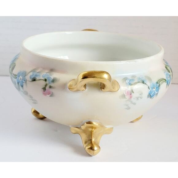 Antique GDA Limoges Hand Painted 3 Footed Bowl Blue Floral Gold Gilt Porcelain - Picture 2 of 11